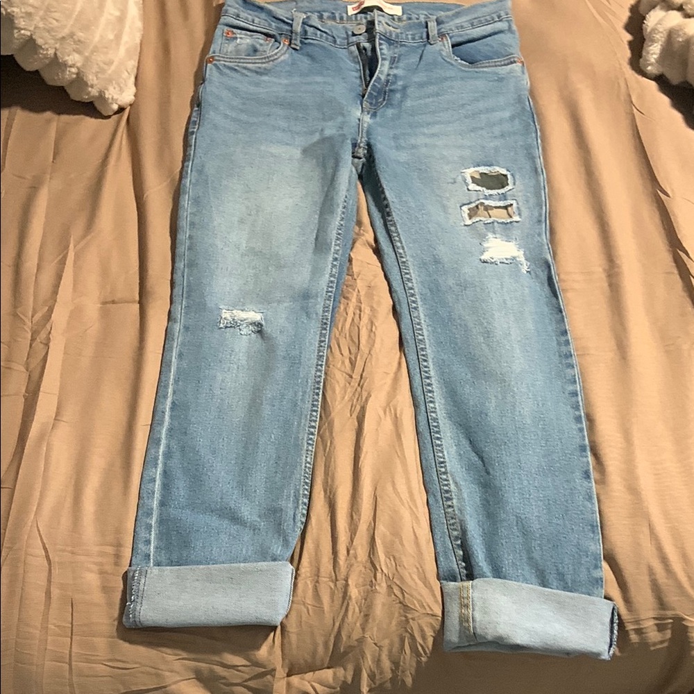 Levi’s 502 Regular Taper Light Blue Boyfriend Jeans with Distressing